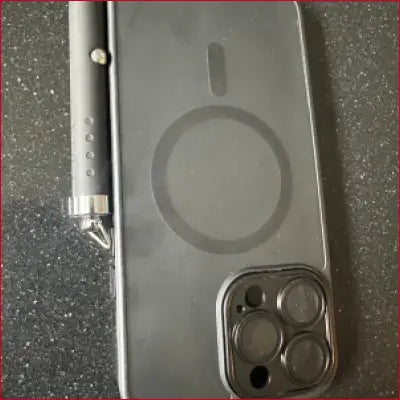 Black smartphone with iPhone 15 Black Case Laser Pointer and stylus, sleek design