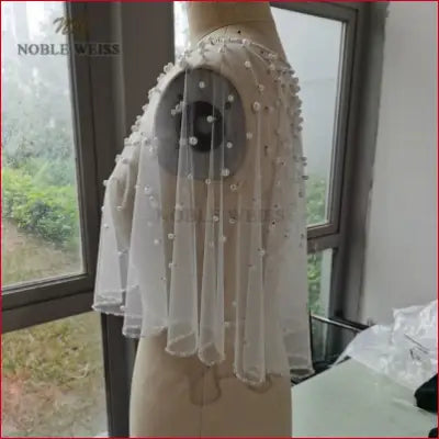 White beaded bridal cape for pearls tulle wedding shawl and satin bolero jackets
