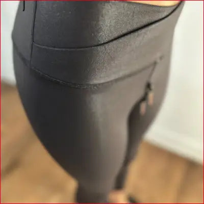 Pseudo Foiled Leather Crotch Zipper Leggings Capris Crossed Waistband - Leggings