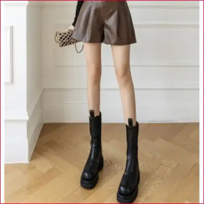 PU Leather Shorts for Women in Autumn and Winter New Style Elastic Waist Slimming Versatile Wide Leg Outer Boot Pants