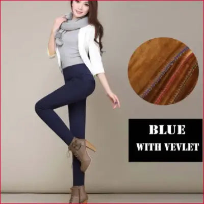 Blue velvet leggings with high elastic waist casual stretch for women pencil pants