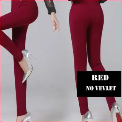 Red form-fitting leggings with elastic waist for casual stretch and comfortable pencil pants