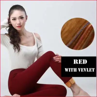 Red velvet leggings with high elastic waist casual stretch for women pencil pants