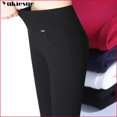 Black high-waisted pencil pants with elastic waist for casual stretch comfort Women clothing