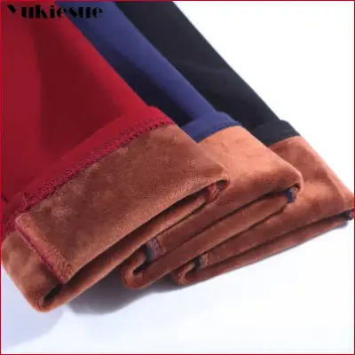 Fleece-lined casual stretch pencil pants with elastic waist in red blue black for women