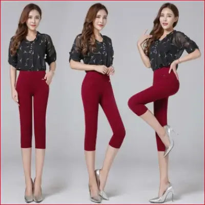 Women’s capri pants and blouse featuring high elastic waist casual stretch pencil pants