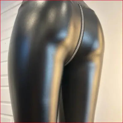 Sexy Skull Teeth Crotch Zipper Faux Leather Leggings in Black with shiny detail