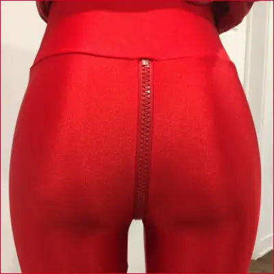 Red Lycra Crotch Zipper Leggings featuring a stylish rear zipper for unique fashion appeal