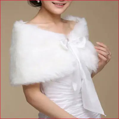 White faux fur cape for women winter, bridal wrap, shawl, and jacket with satin bow