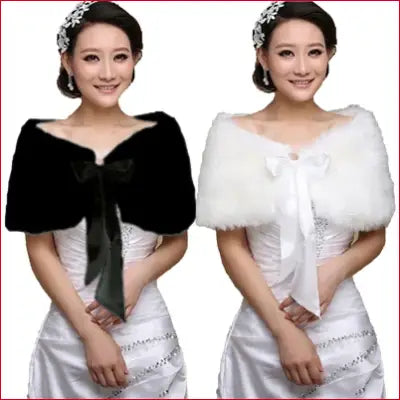 Women winter faux fur cape Bridal shawl jacket with satin ribbon bowknot lace up