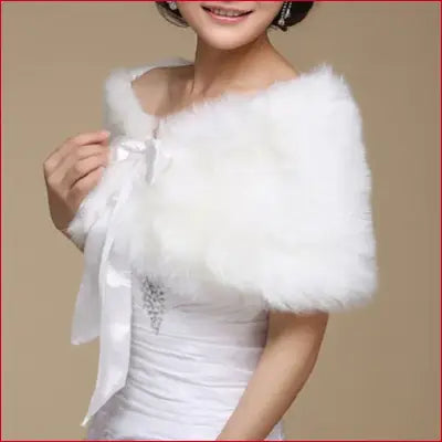 White faux fur cape for women winter wedding wrap bridal shawl jacket with satin bow