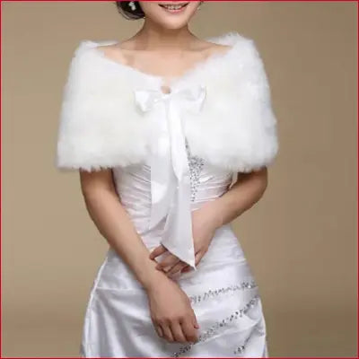 White faux fur cape for women winter wedding bridal wrap with satin ribbon and lace details