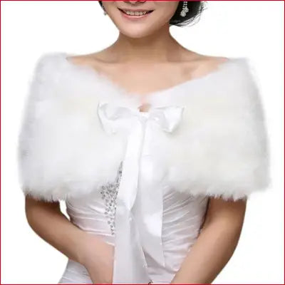 White faux fur cape for women winter with ribbon tie Bridal Shawl Wrap Coat