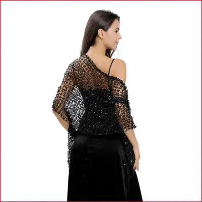 Black beaded evening shawl from 1920s scarf wraps, vintage sequin decor wedding cape