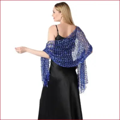 Woman in black dress with blue shawl wearing vintage 1920s scarf wraps for wedding or prom