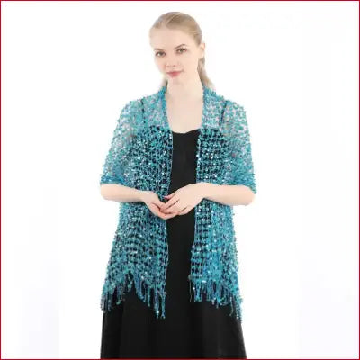Woman wearing a teal sequined 1920s scarf wraps with fringes for wedding or prom events