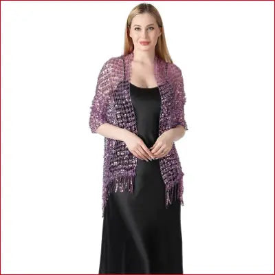 Woman in a sequined shawl wearing vintage 1920s scarf wraps for wedding or prom occasion