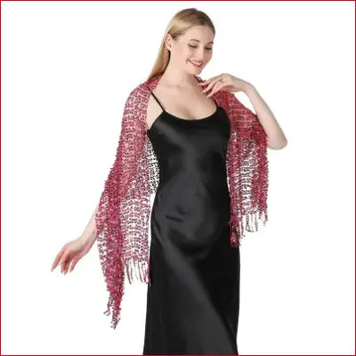 Woman in black dress with pink shawl showcasing vintage 1920s scarf wraps for weddings