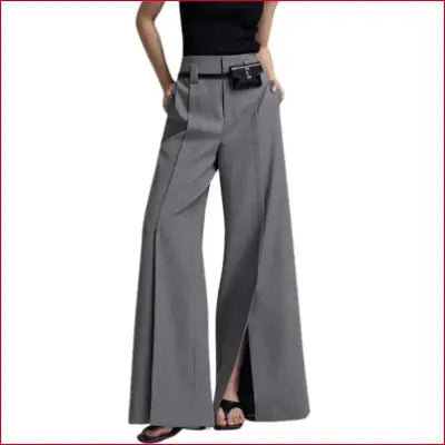 Yeezzi Urban Female Suit Pants 2025 New Fashion Black White Color Loose Straight Pant High-Waisted Pleated Split-Front Trousers - GRAY / S