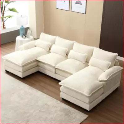 Cream-colored sectional sofa couch, modern chenille U shaped design for cozy living rooms