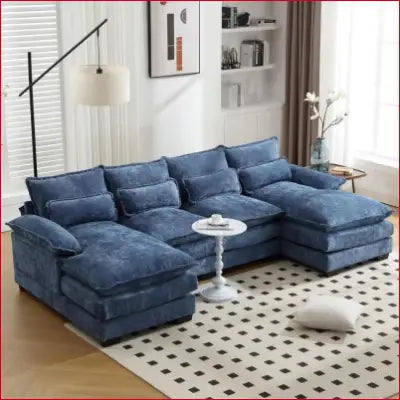 Blue modern chenille U shaped sectional sofa couch for living room with double chaise