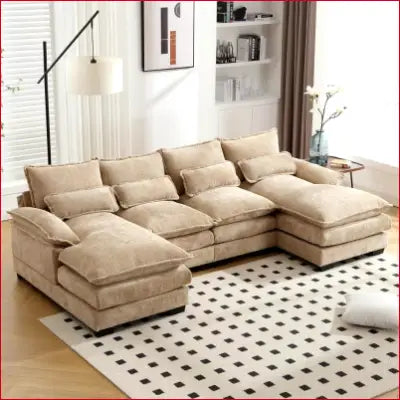 Beige sectional sofa couch with double chaise lounges in modern chenille design