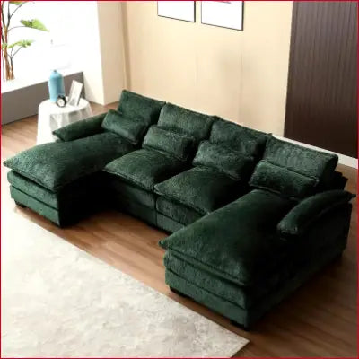 Green plush sectional sofa couch, Modern Chenille U Shaped design for stylish living rooms