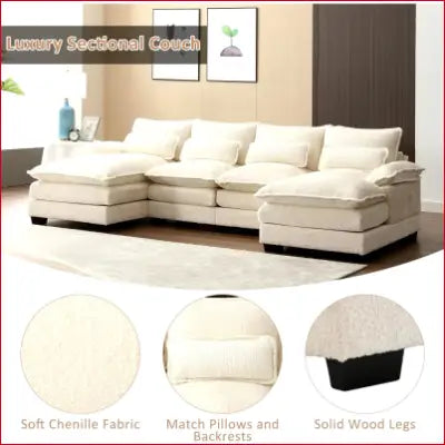 Cream-colored modern Chenille U shaped sectional sofa couch for stylish living room