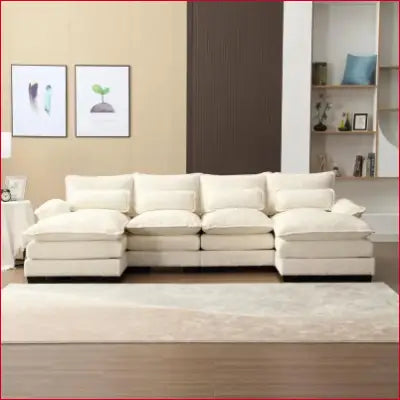 Modular white sectional sofa showcasing a modern chenille U shaped design for living rooms