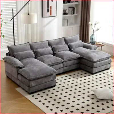 Gray modular sectional sofa in a modern chenille U shaped design for living rooms