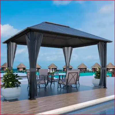 Elegant outdoor gazebo with curtains, featuring a 12-feet x 10-feet hardtop rectangle black design