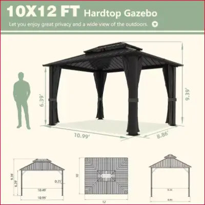 Hardtop rectangle black gazebo with dimensions and steel roof permanent design