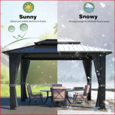 Weather-resistant gazebo with furniture, featuring a 12-Feet X 10-Feet steel roof permanent design