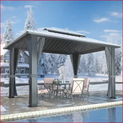 Gray gazebo with curtains for 12-Feet X 10-Feet Hardtop Rectangle Black Metal design