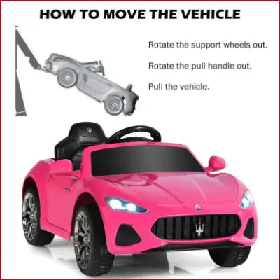 Pink Maserati-style 12V kids ride-on car with remote control and lights for adventurous play