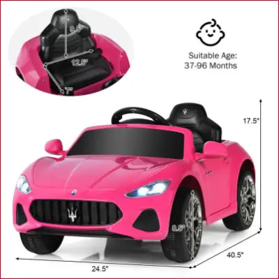 Pink Maserati toy car with dimensions for 12V kids ride with remote control and lights