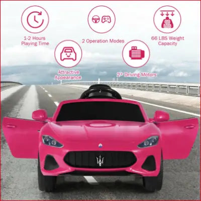 Pink toy car with open doors for 12V kids ride with remote control and lights