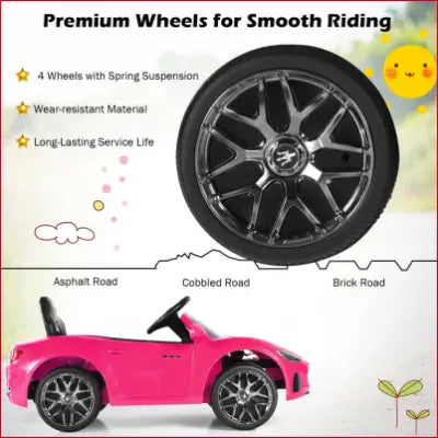 Pink toy car with premium wheels for 12V kids ride featuring remote control and lights