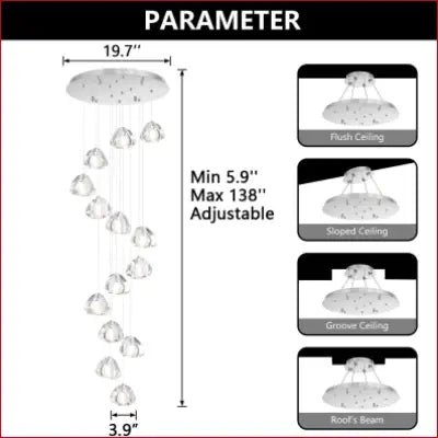 Chandelier dimensions and ceiling mount options for Modern LED Crystal Ceiling Light