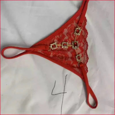 Red lace thong with rhinestones thong crystals and jeweled accents for elegant lingerie