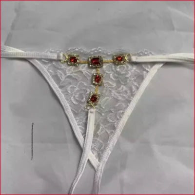 White lace thong underwear with rhinestones thong crystals and jeweled accents