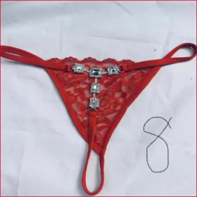 Red lace thong underwear with jeweled embellishments from Rhinestones Thong Crystals