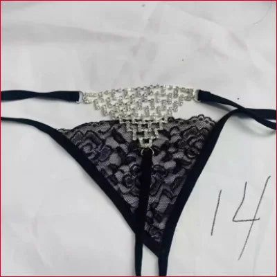 Black lace thong with silver embellishment for rhinestones thong crystals lingerie