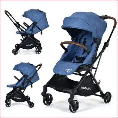 Blue baby stroller with brown accents in a Convertible Aluminum Baby Stroller design