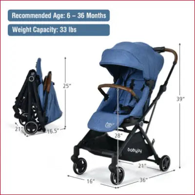 Blue convertible aluminum baby stroller with adjustable canopy and dimensions shown