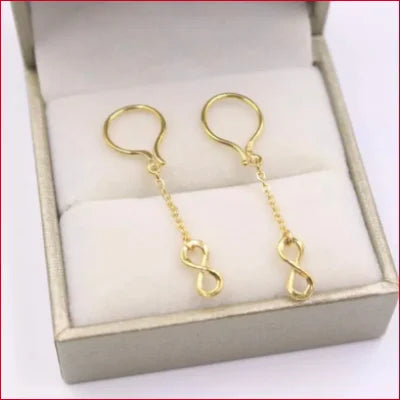 Gold hook dangle earrings featuring infinity symbol designs in 24k pure gold