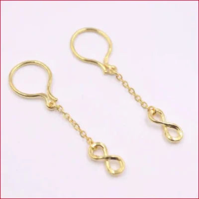 Gold hook dangle earrings featuring infinity symbol charms in 24k pure gold design