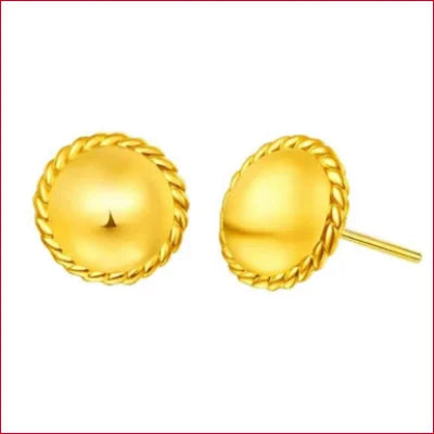 Gold round stud earrings with a domed design and rope border in pure 24k gold