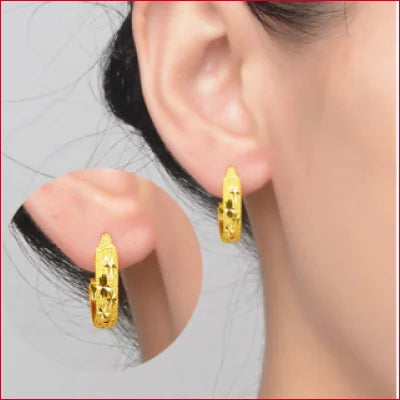 Gold hoop earring with intricate engraving in 24K gold half circle solid pure gold design