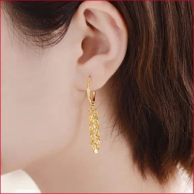 24k Pure Solid Gold Hoop Drop Earrings featuring a delicate leaf design